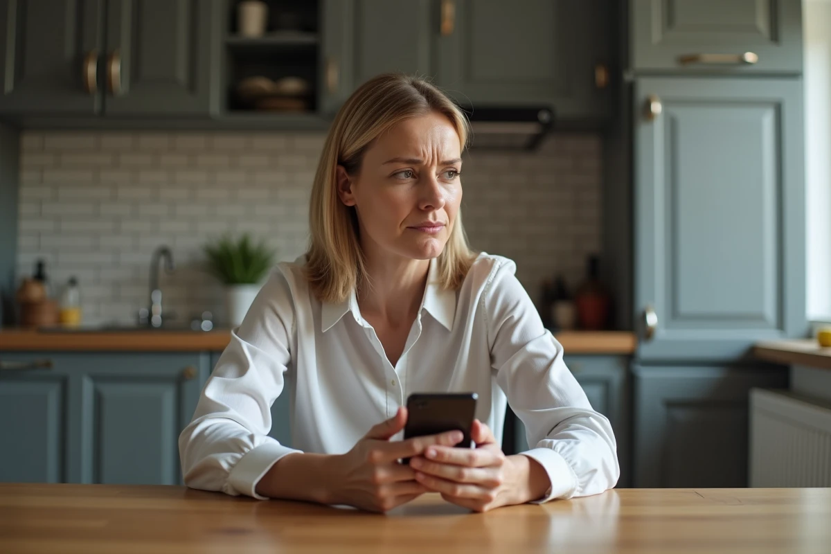 Femme d'âge moyen sceptique avec smartphone dans la cuisine