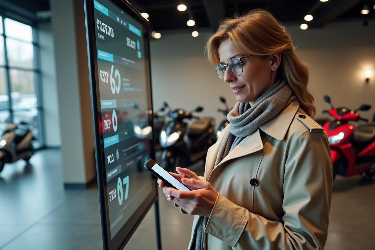 Femme regardant prix motos sur smartphone en showroom
