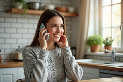 Femme appelant le service client Amazon par téléphone depuis sa cuisine à domicile