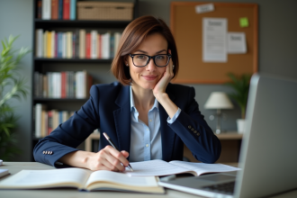 Femme moyenne âge traduisant un document dans son bureau