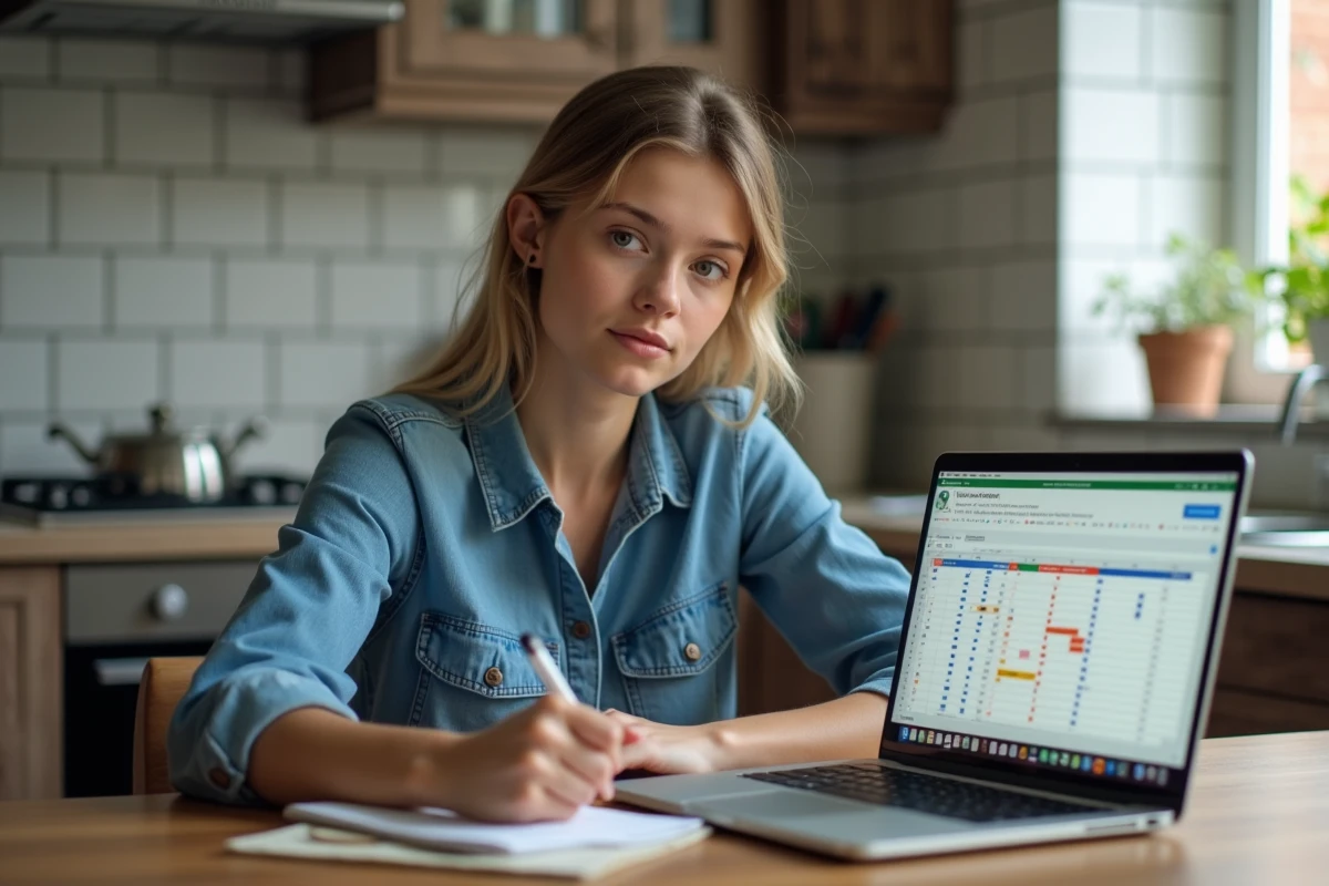 Jeune femme travaillant à la maison sur un ordinateur portable