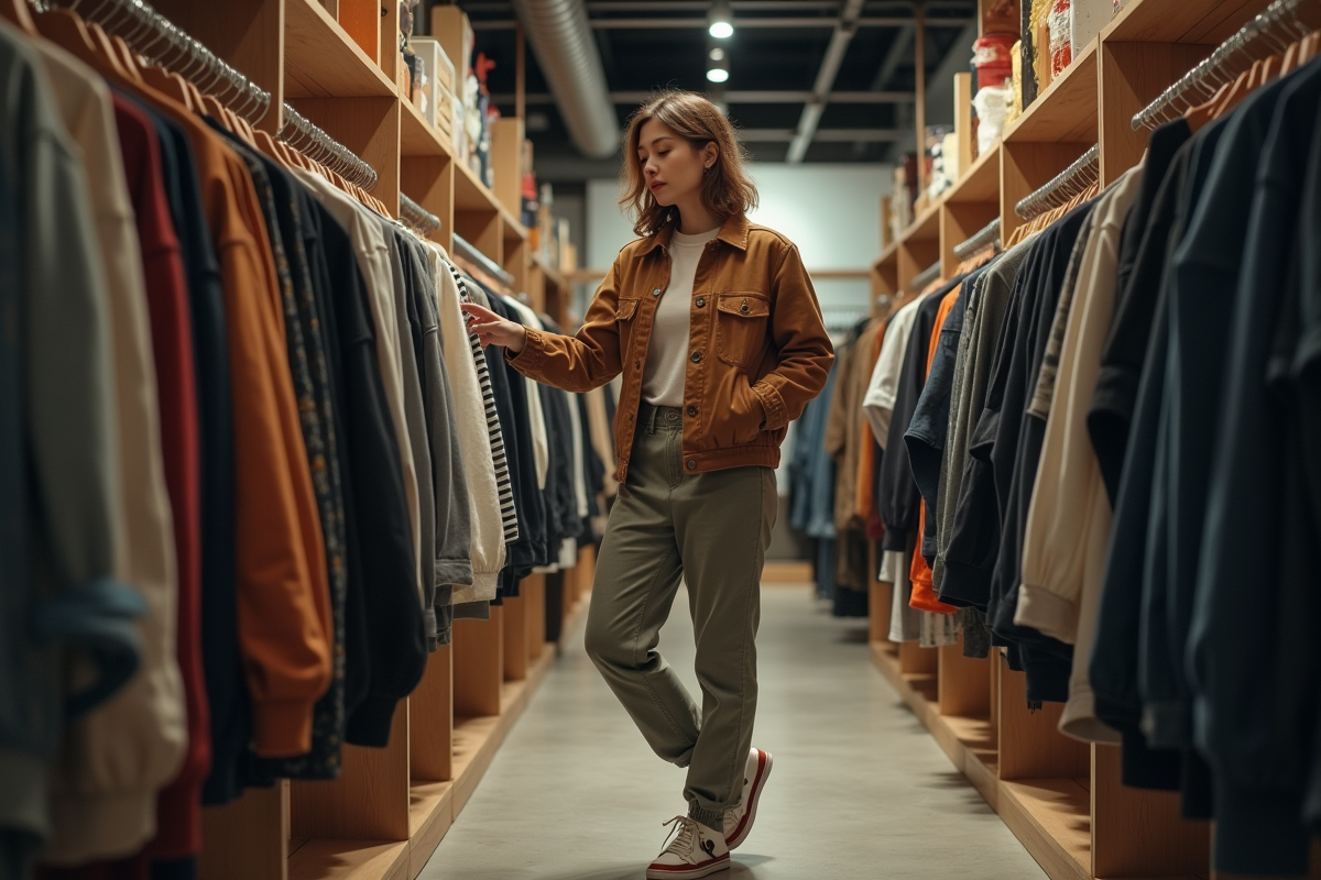 Femme examinant des vêtements streetwear en boutique