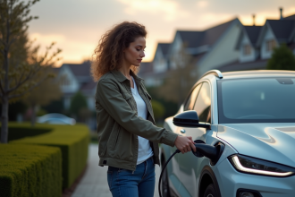 Femme branchant sa voiture électrique dans une maison de banlieue