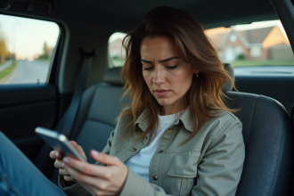 Femme dans la voiture regarde son téléphone avec frustration