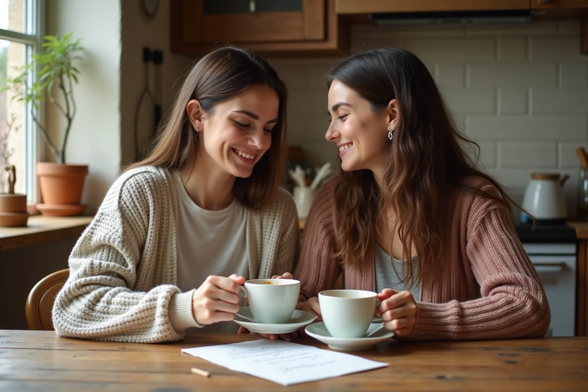 Deux femmes souriantes partageant un thé dans la cuisine