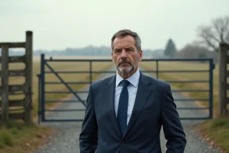 Employe municipal français en costume devant une grille rurale