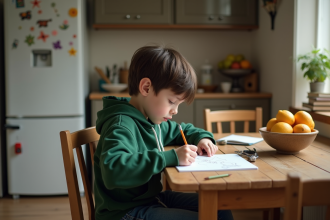 Garçon de 8 ans dessinant dans un carnet à la maison