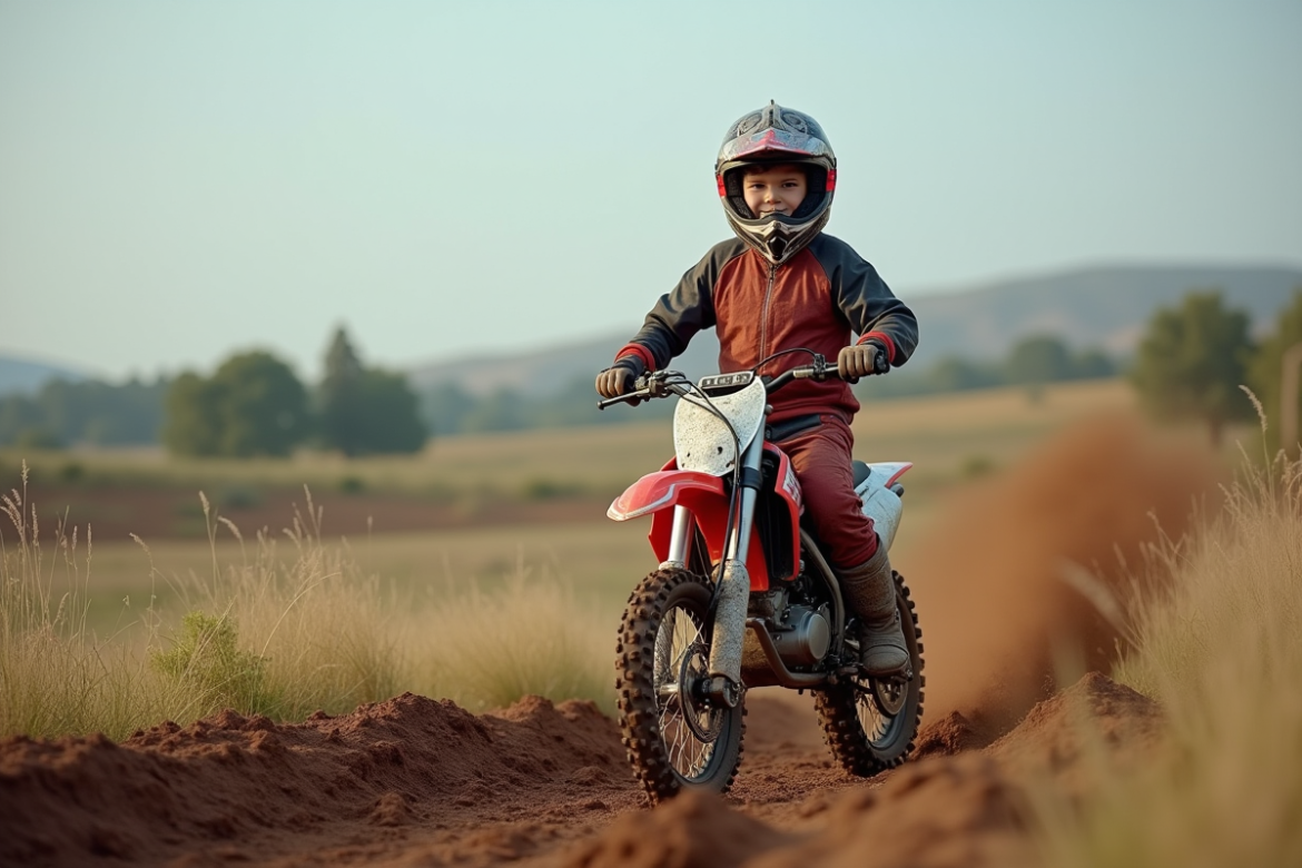 Jeune garçon en équipement motocross avec son vélo sur un terrain boueux