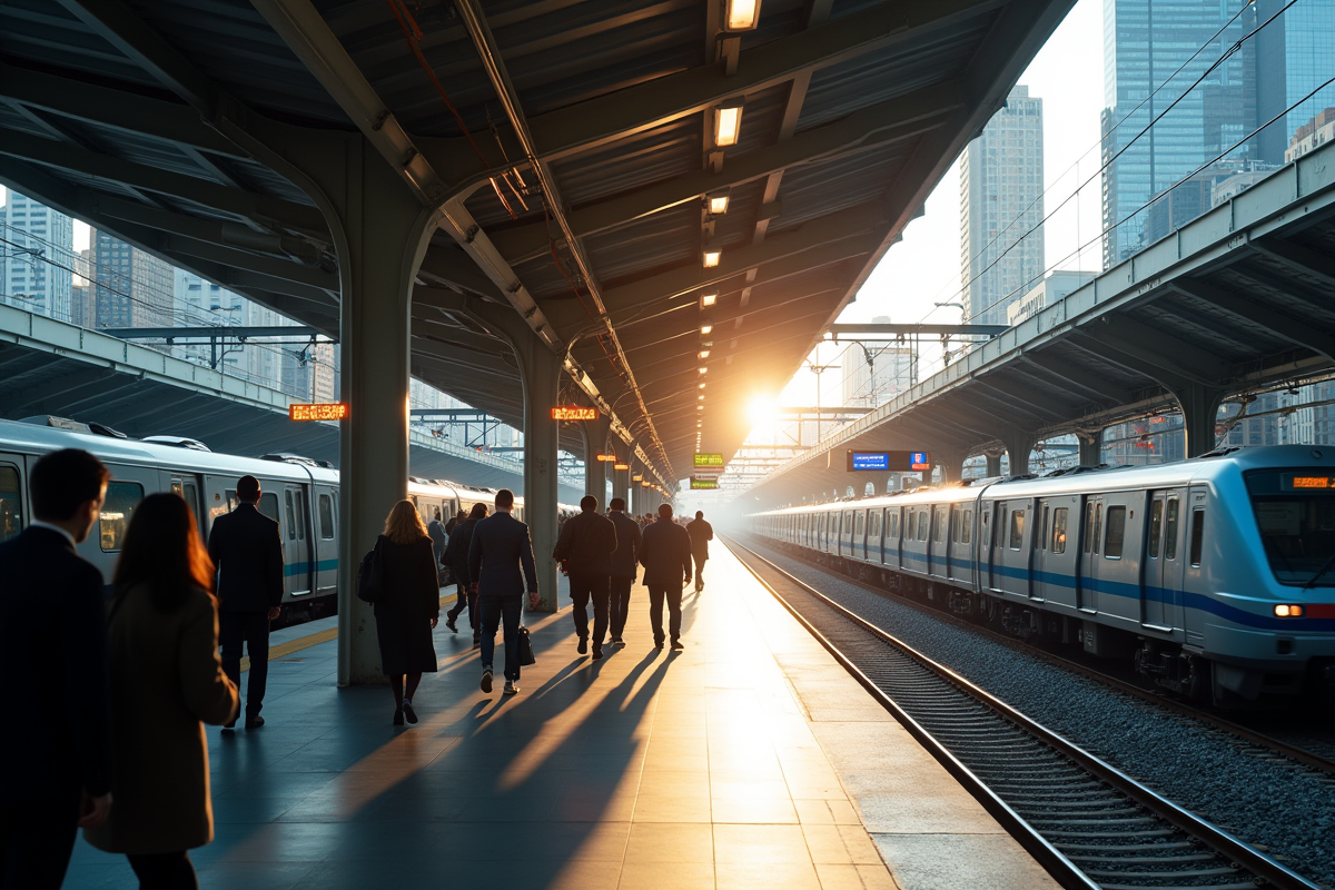 Gare animée avec zone sans appareils connectes et ombres vives