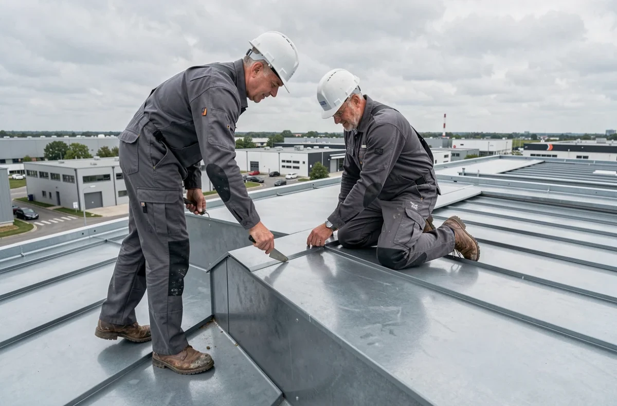 Deux techniciens de Gerling Sas installant une toiture zinc sur un bâtiment commercial dans le Bas-Rhin