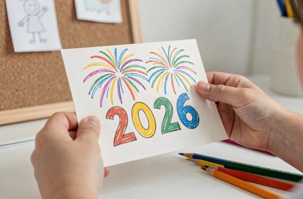 Gros plan sur les mains d'un enfant tenant une carte bonne année 2026 colorée faite maison