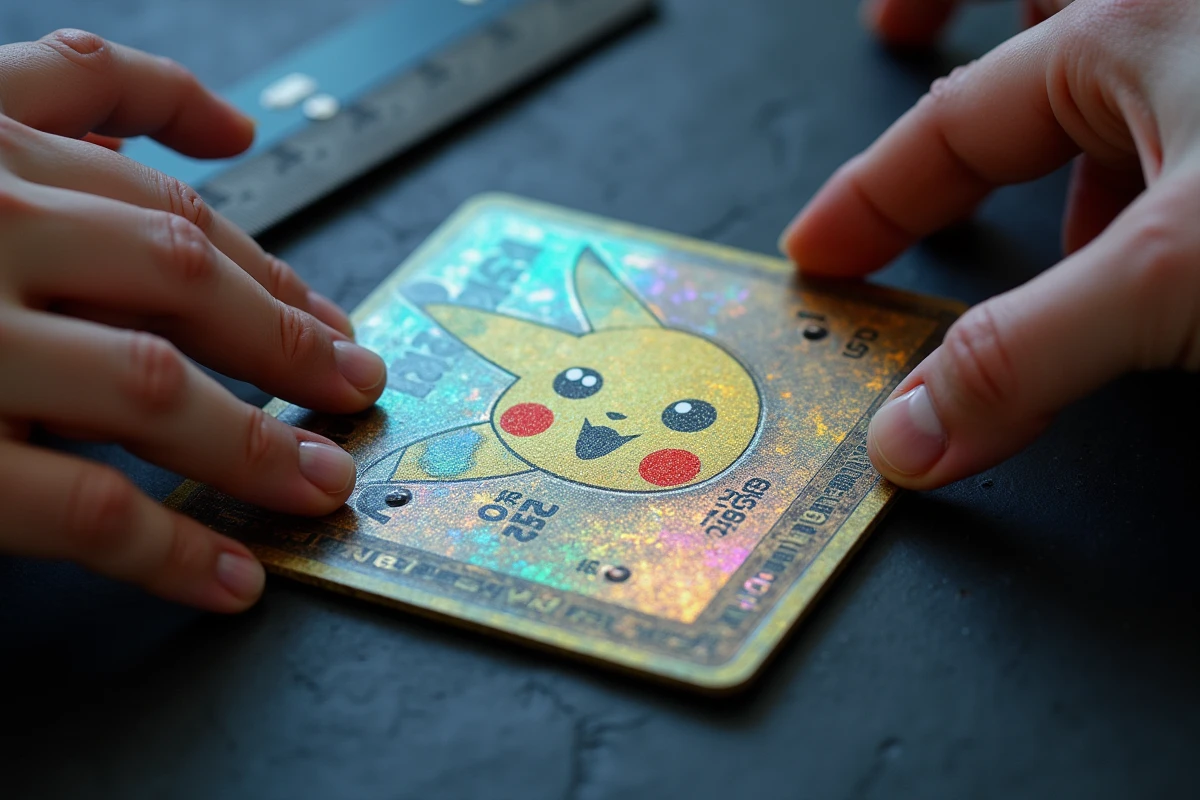 Gros plan d'une carte Pokémon Pikachu holographique rare posée sur une surface sombre, manipulée avec précaution par des mains gantées