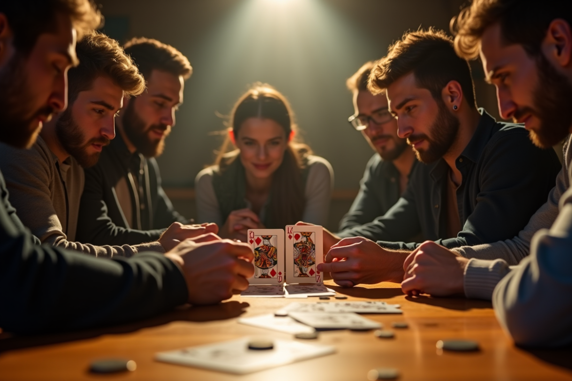 Groupe d'amis jouant aux cartes autour d'une table ensoleillée