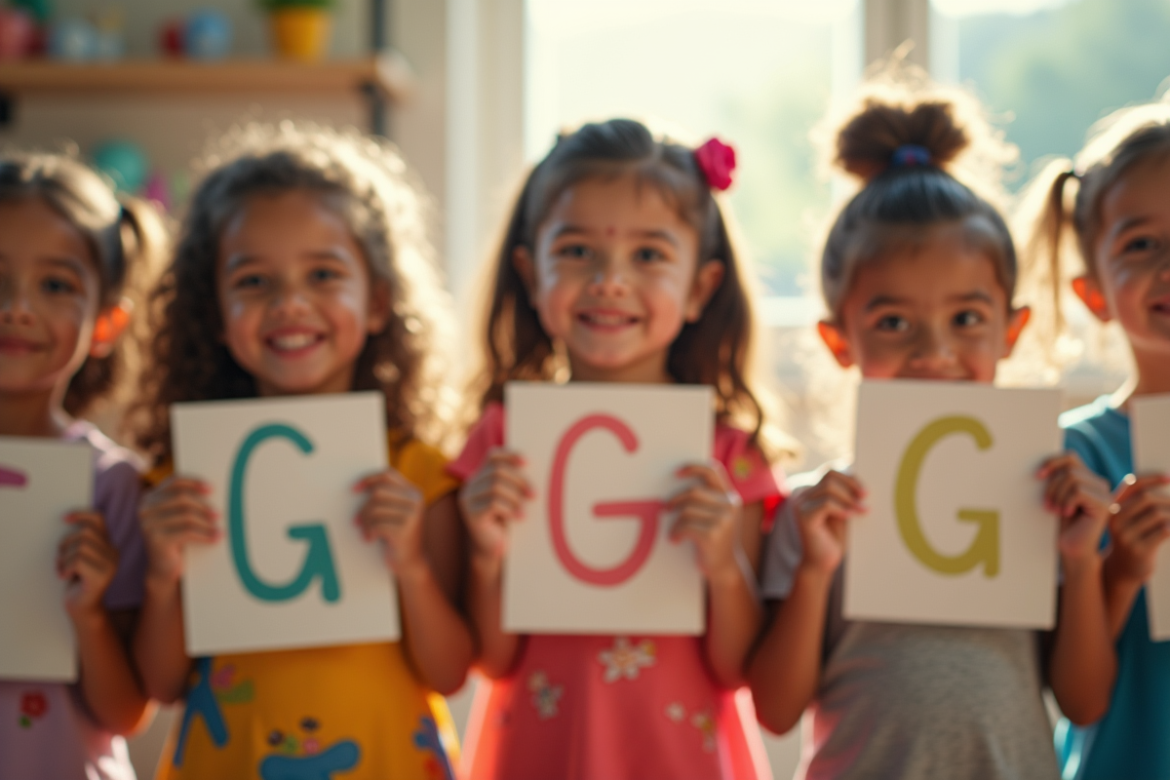 Enfants souriants dans une classe lumineuse avec noms en G