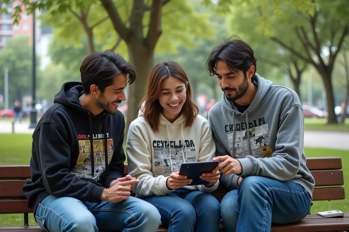 Groupe de fans discutant manga dans un parc urbain