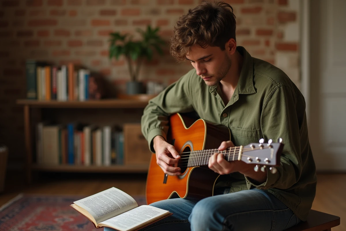 Jeune guitariste acoustique jouant les accords de Je Te Promets dans un salon chaleureux avec partition sur les genoux