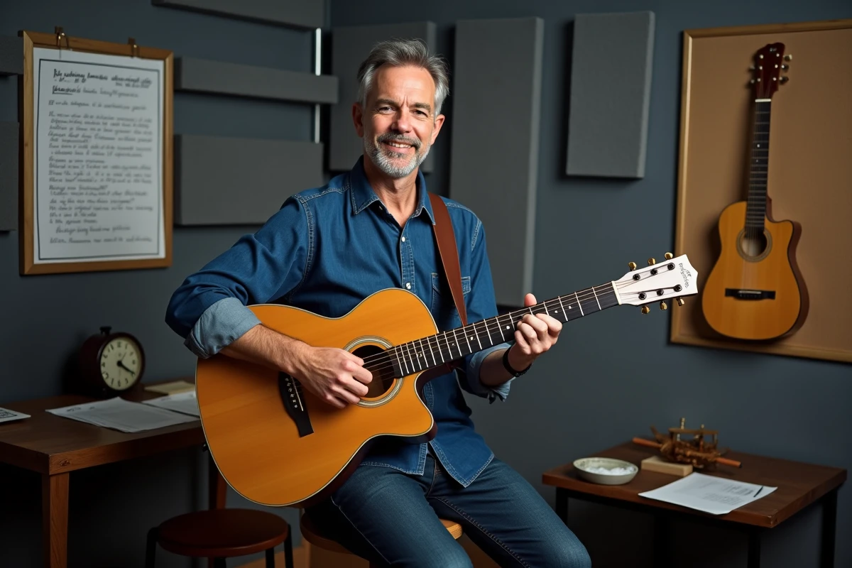 Guitariste adulte en studio de répétition jouant les accords de Je Te Promets avec une grille d'accords épinglée au mur