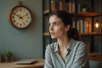 Femme regardant une horloge analogique affichant 15h55, expression introspective dans un bureau chaleureux
