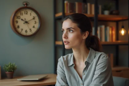 Femme regardant une horloge analogique affichant 15h55, expression introspective dans un bureau chaleureux