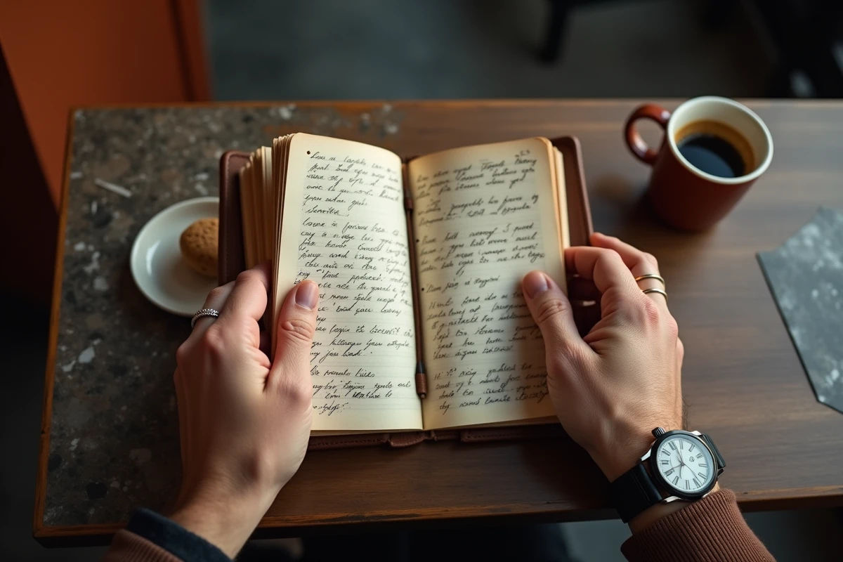 Mains masculines tenant un journal avec une montre affichant 15h55 sur une table de café