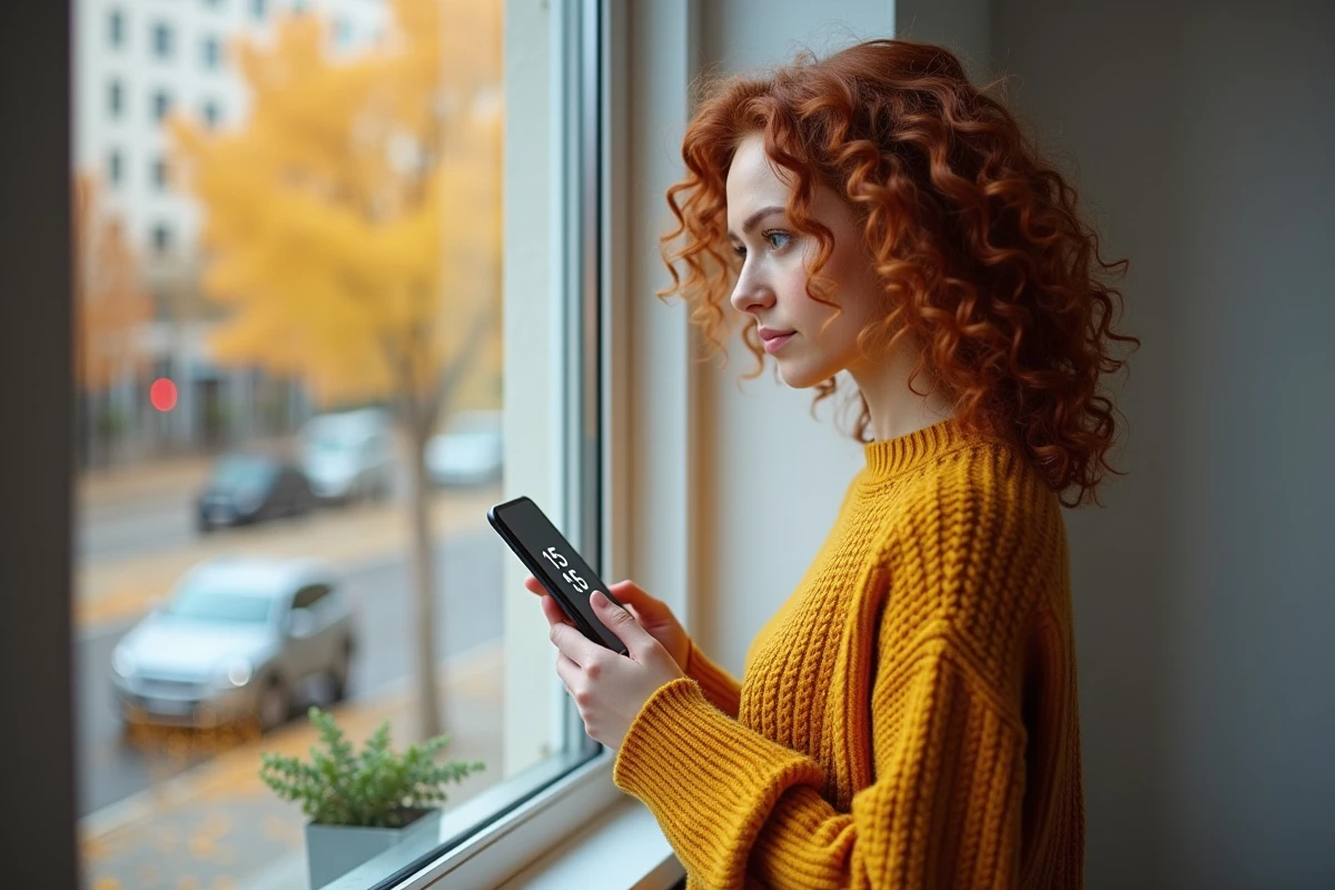 Jeune femme tenant un smartphone affichant 15h55 près d'une fenêtre avec vue sur rue en automne