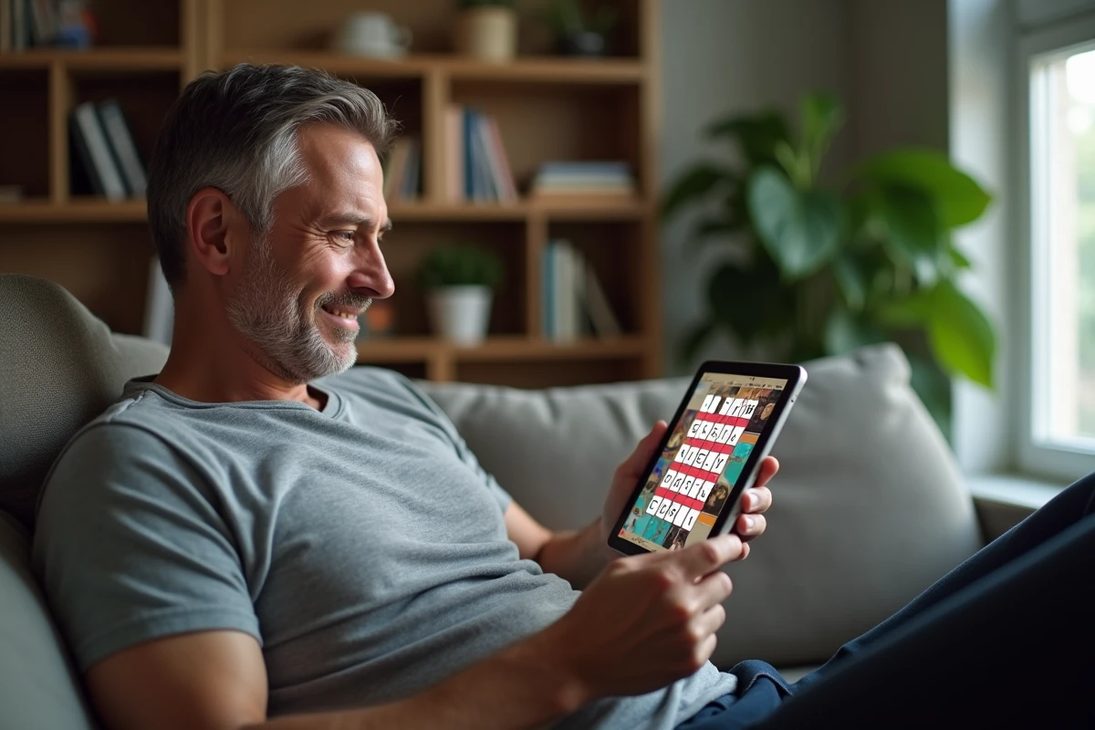Homme résolvant un puzzle 4 Images 1 Mot sur tablette dans un salon moderne