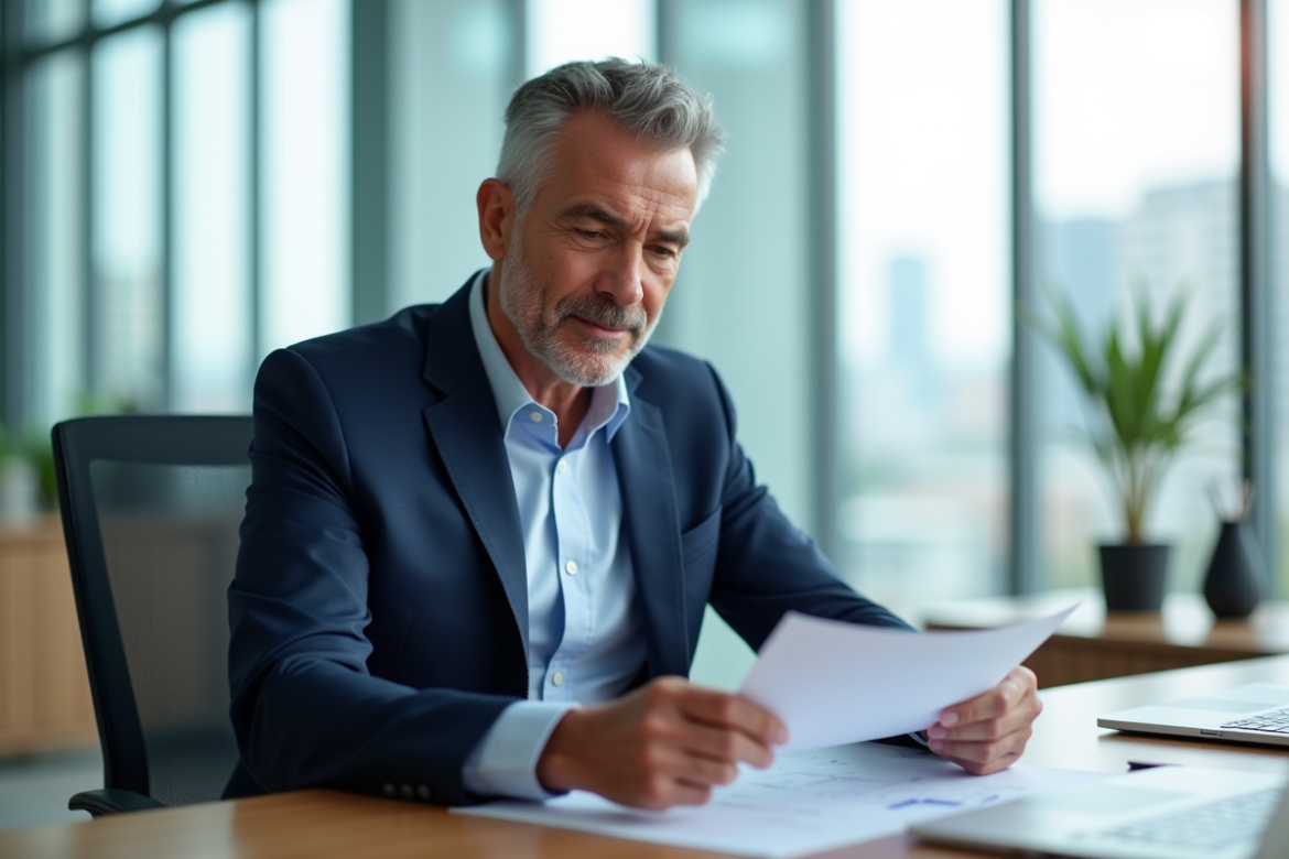 Homme d'affaires confiant examinant des documents immobiliers