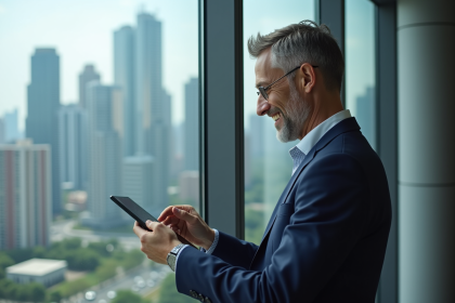 Homme d affaires en costume bleu analysant des graphiques immobiliers