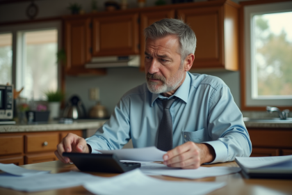 Homme d'âge moyen analysant ses factures dans une cuisine modeste