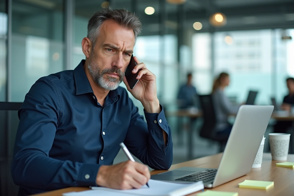 Homme en bureau contactant le service téléphonique Amazon pour une réponse rapide
