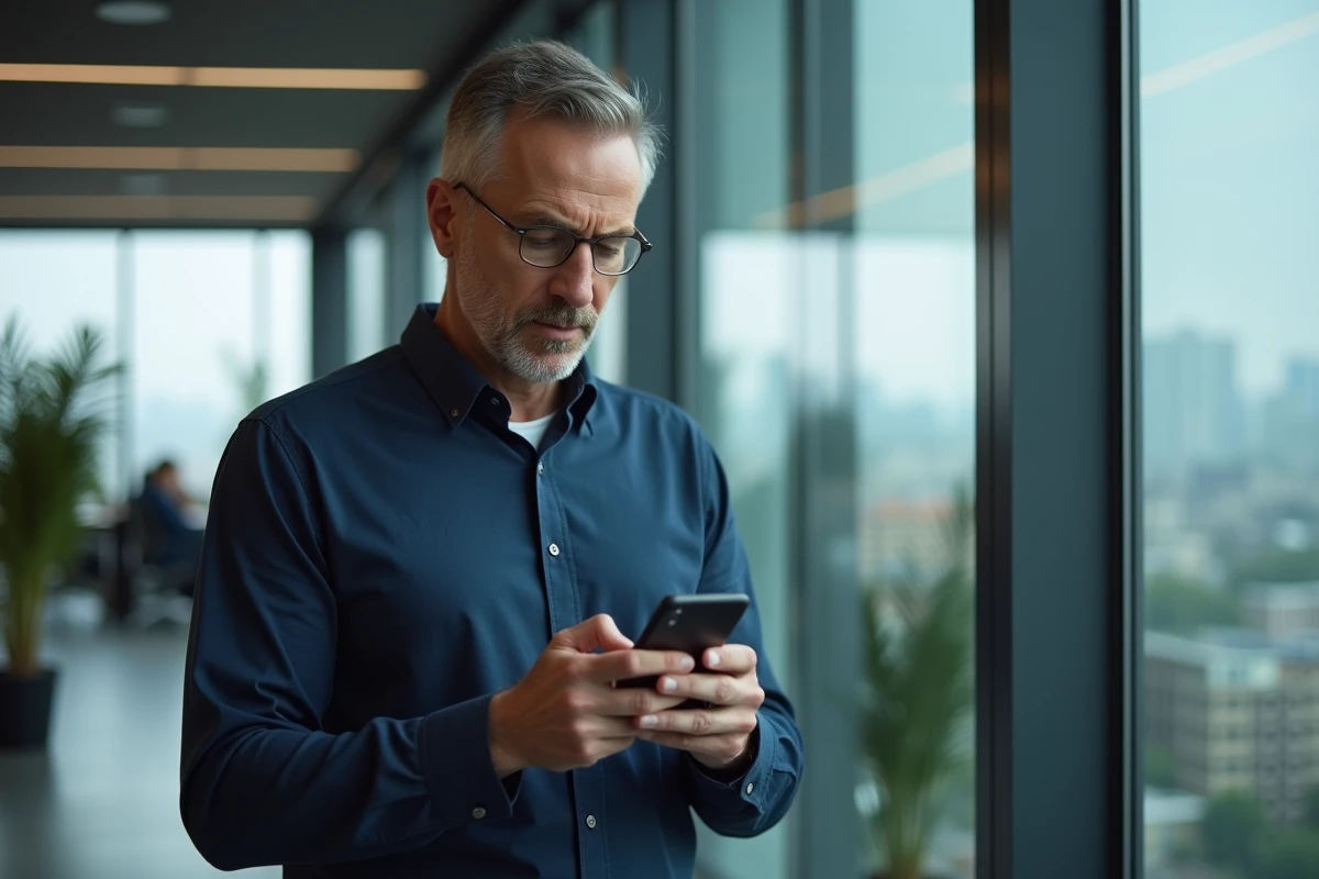 Homme en bureau vérifiant un numéro de téléphone portable inconnu avant de rappeler