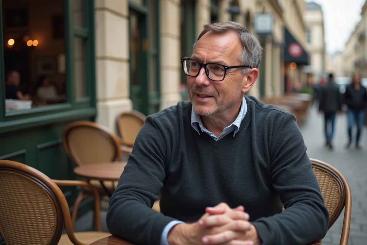 Homme parle au café dans une rue parisienne