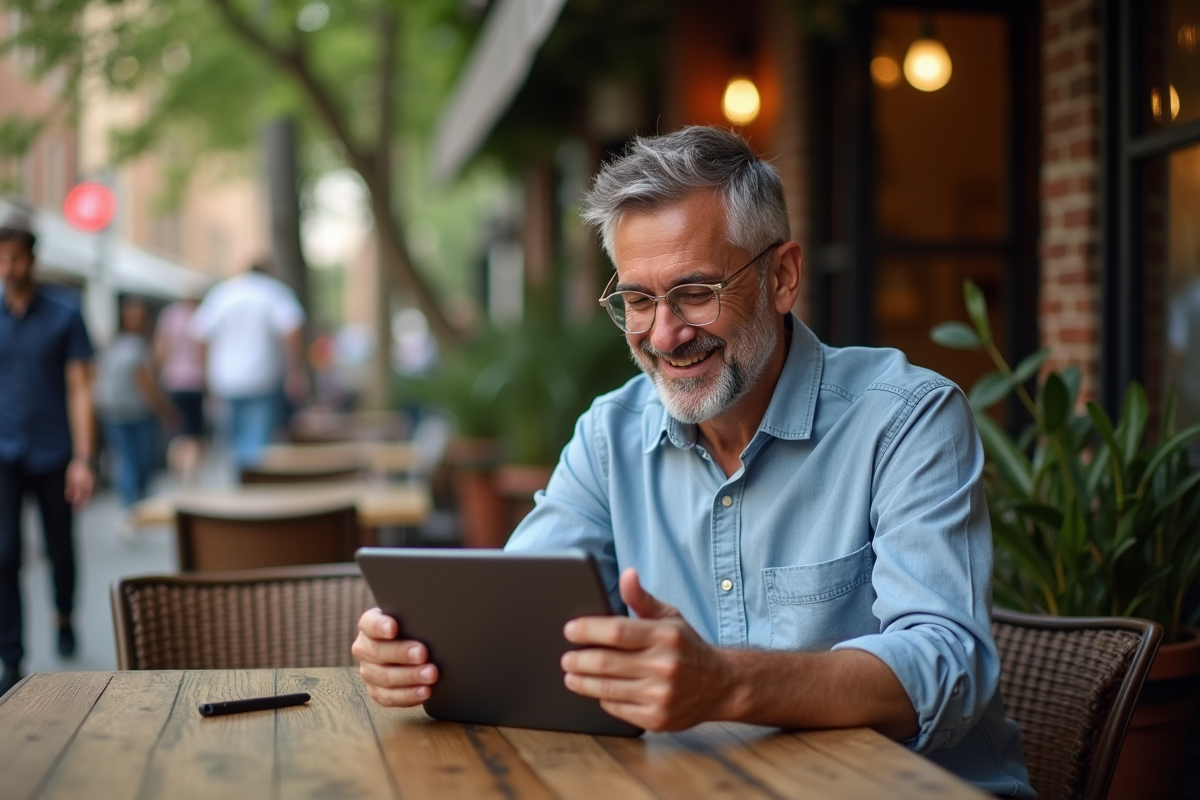 Homme en café éditant des photos sur une tablette en extérieur