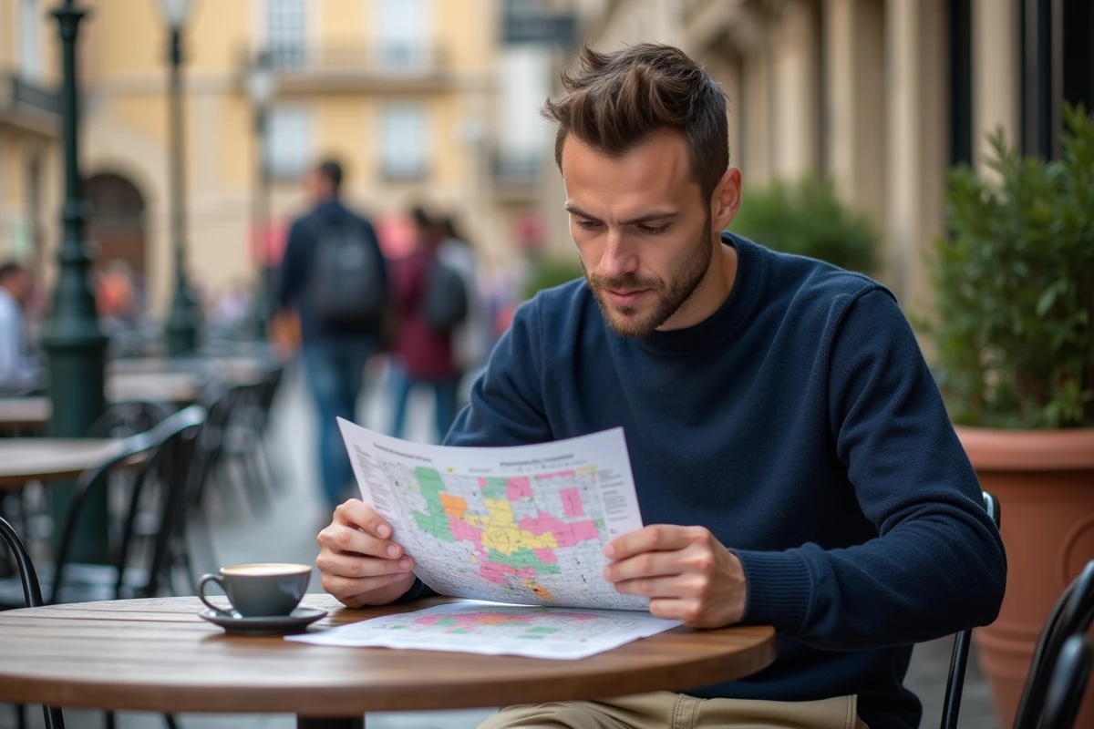 Homme en terrasse de café à Toulouse consultant un plan des codes postaux des quartiers de la ville