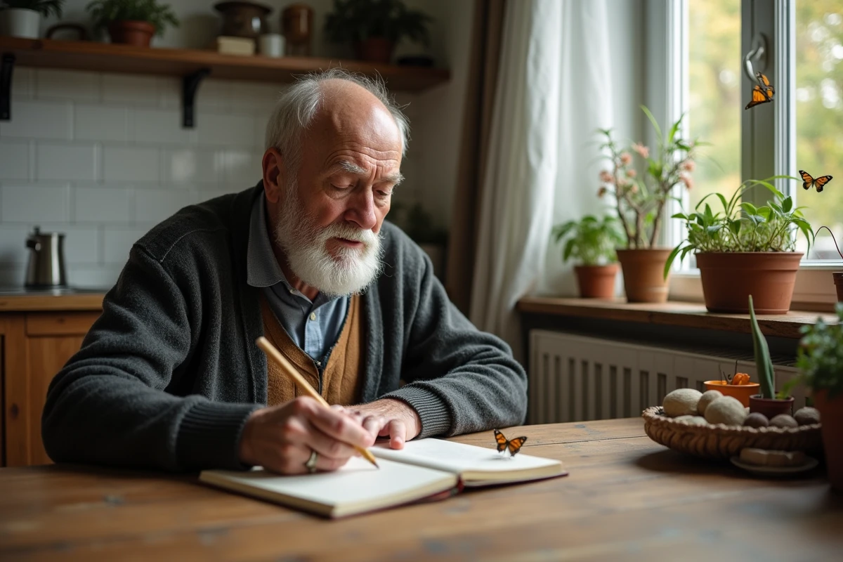 Homme âgé dessinant des papillons dans la cuisine