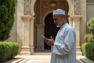 Homme en djellaba vérifiant l'heure de prière devant une mosquée