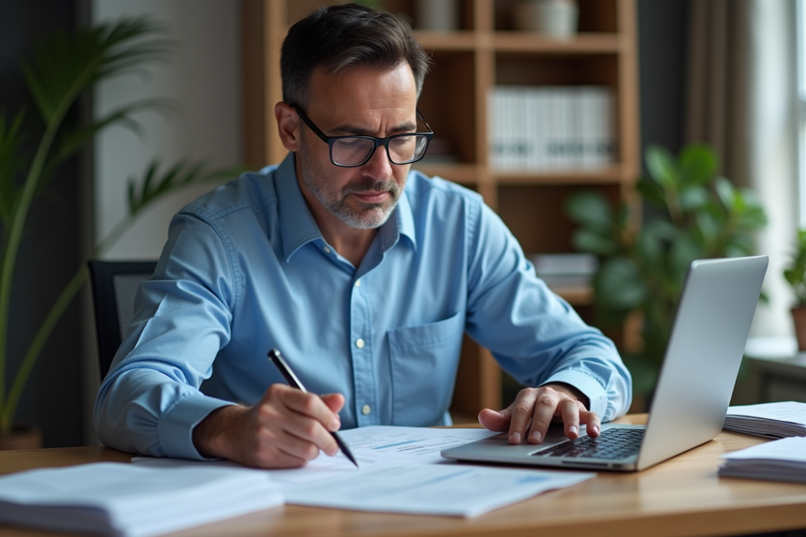 Homme d'âge moyen étudiant des documents financiers dans un bureau moderne