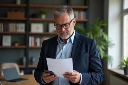 Homme français lisant une lettre dans un bureau moderne