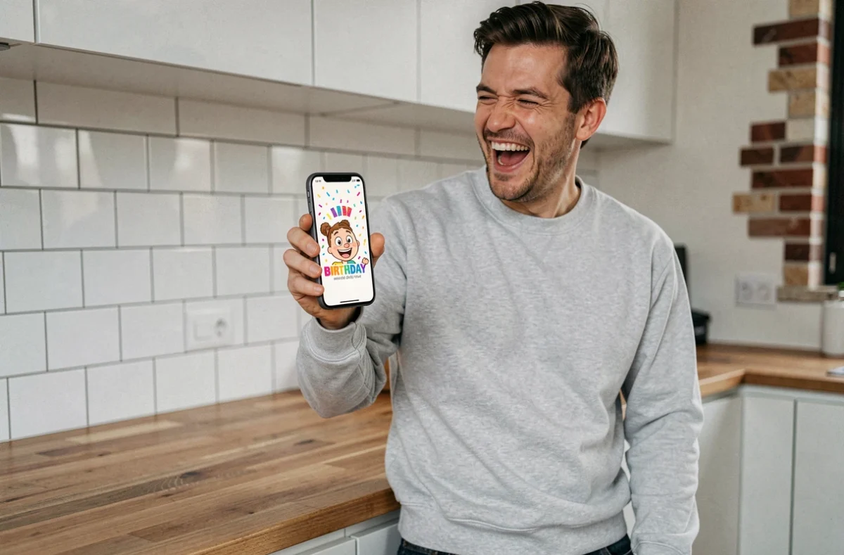 Homme riant en tenant un smartphone affichant un GIF d'anniversaire animé et rigolo avec des confettis