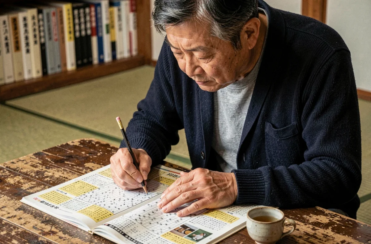 Homme japonais résolvant des mots croisés à son bureau avec dictionnaire, vue portrait intérieur intimiste
