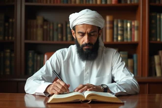 Homme nord-africain lit le Quran dans un salon paisible