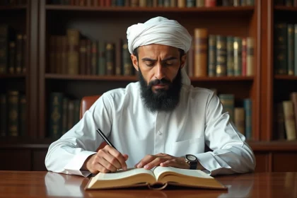 Homme nord-africain lit le Quran dans un salon paisible