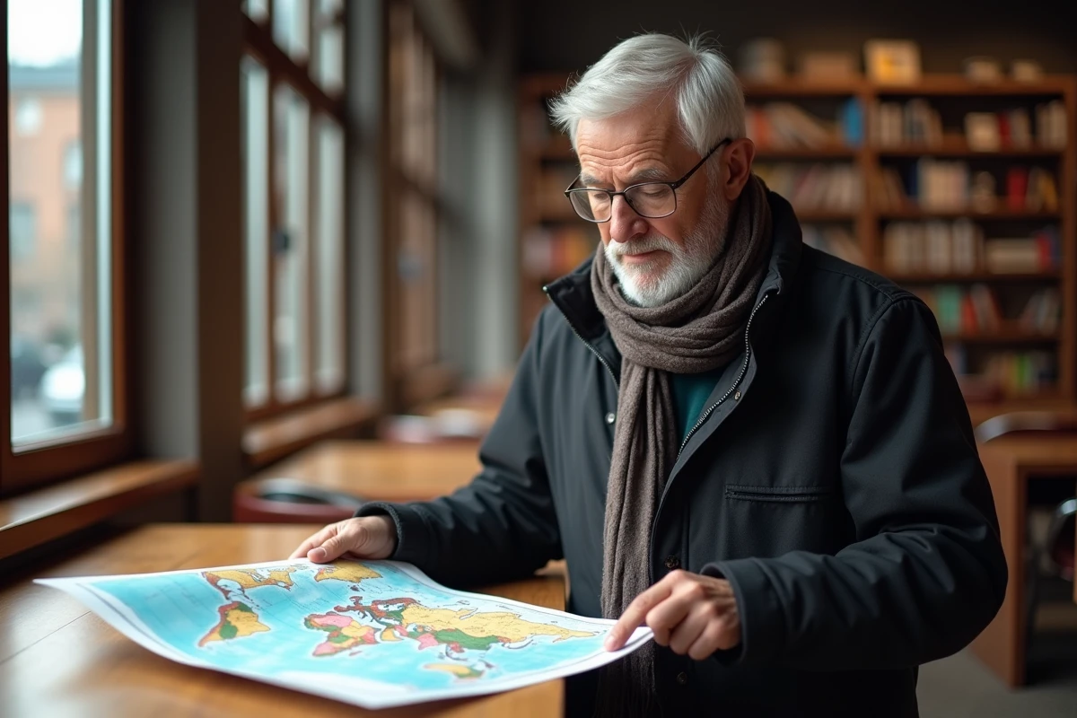 Homme âgé étudie une carte du monde dans une bibliothèque