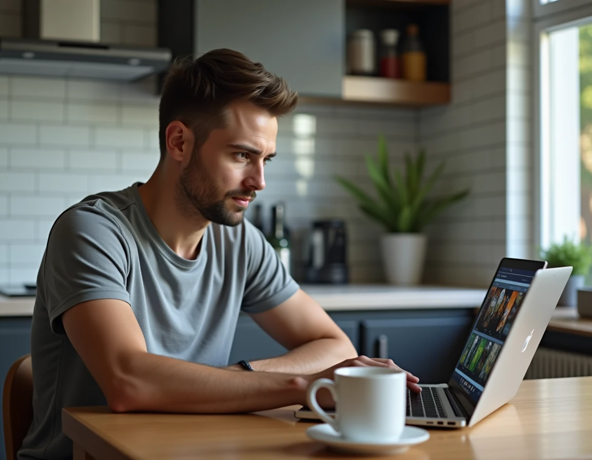 Homme naviguant sur un site de mods pour jeux vidéo sur ordinateur portable dans une cuisine moderne