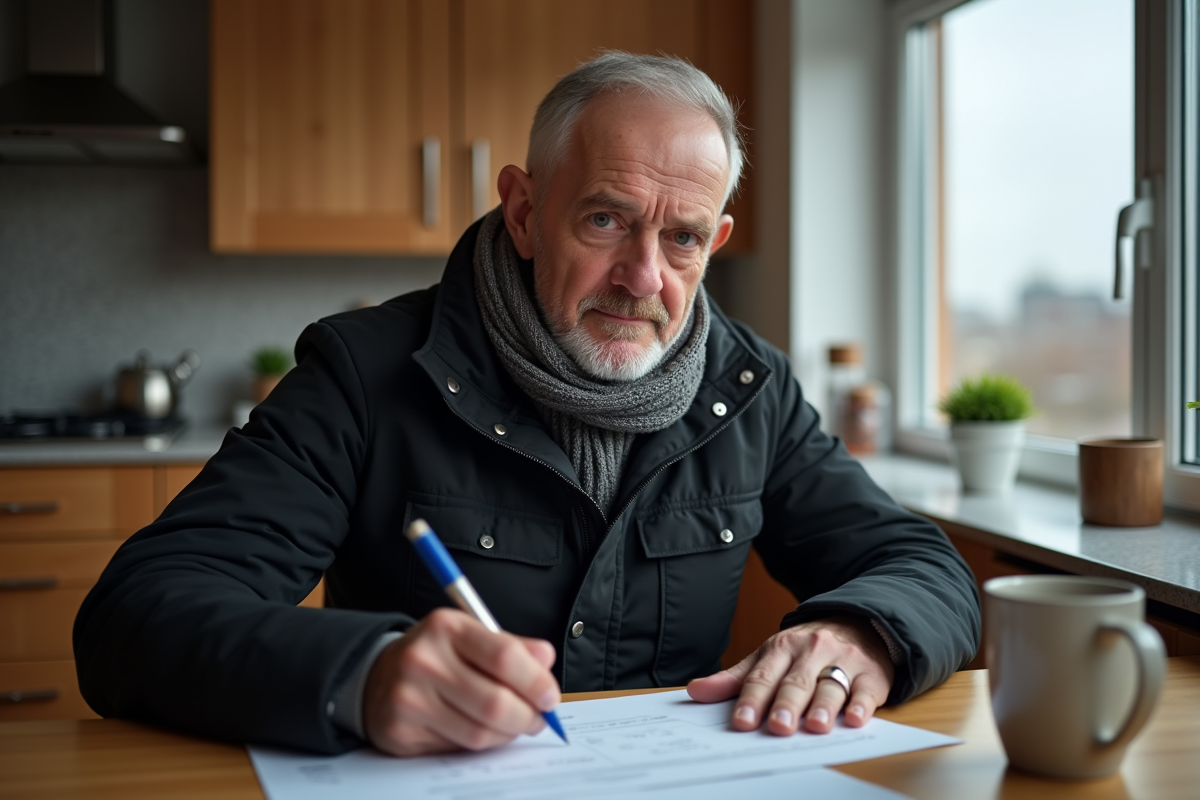 Homme regardant ses receipts en ecrivant un cheque