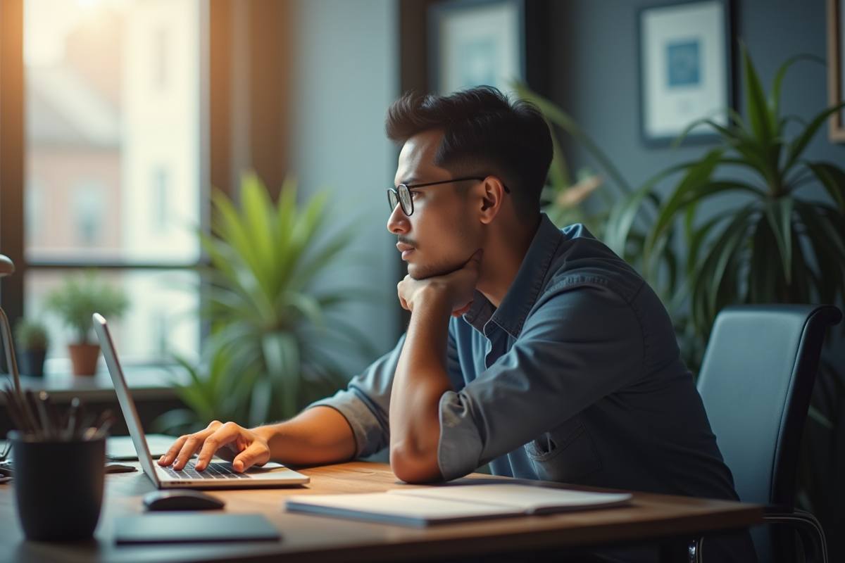 Homme réfléchi assis à un bureau moderne