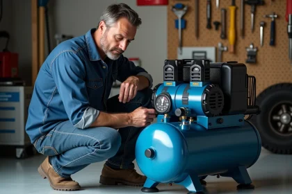 Homme en bleu vérifiant un compresseur dans un garage organisé