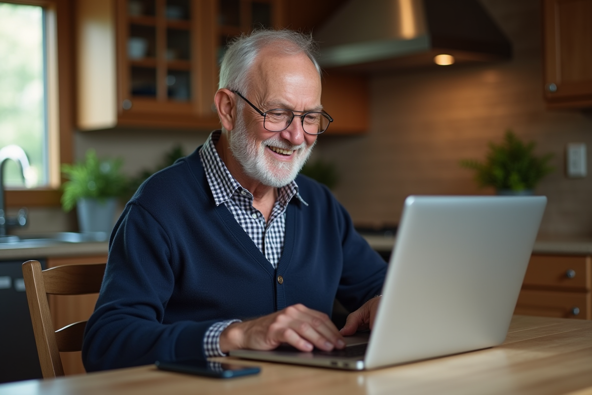 Homme retraité utilisant ordinateur et smartphone à la maison