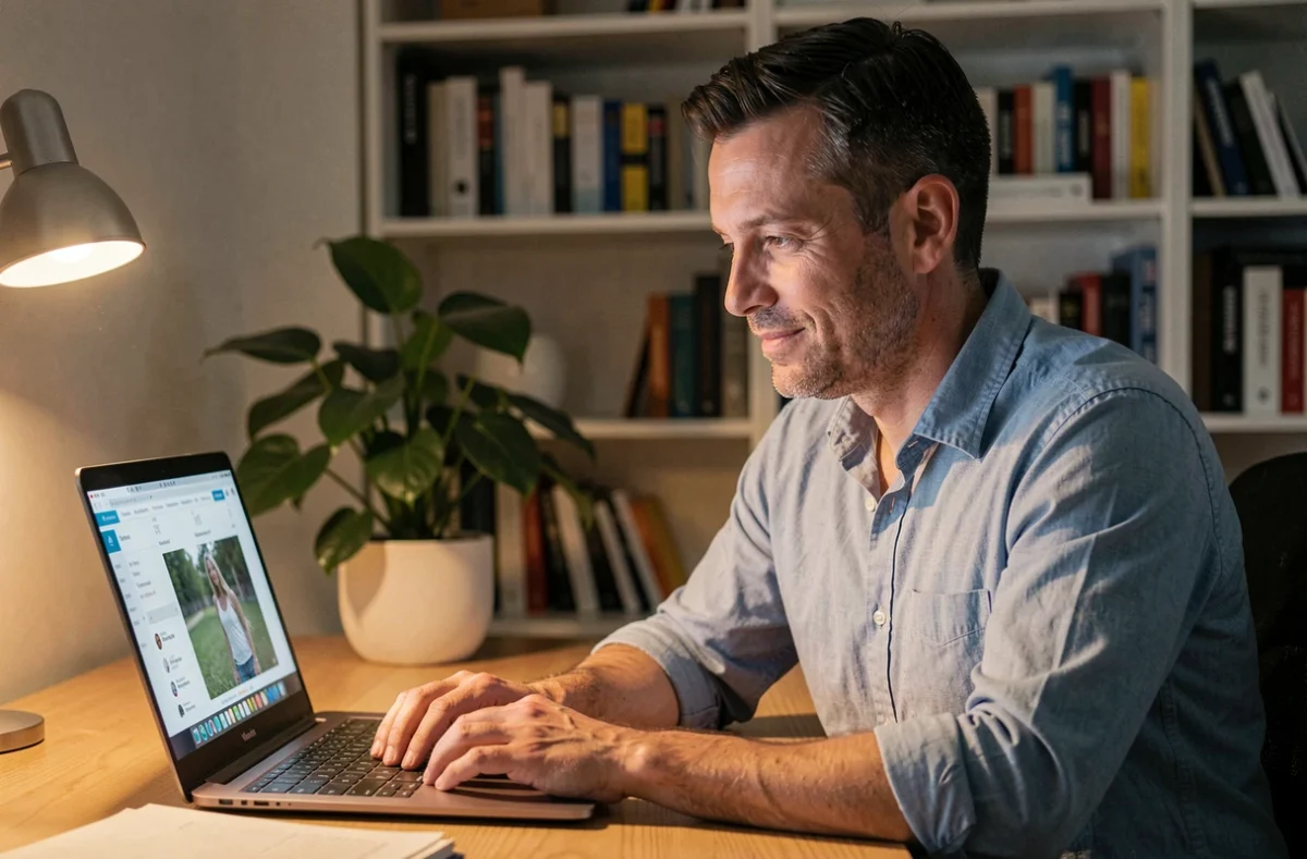Homme utilisant un site de rencontres en ligne sur son ordinateur portable à son bureau à domicile
