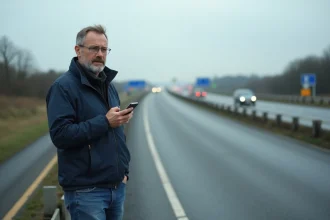 Homme d'âge moyen sur l'autoroute française préoccupé